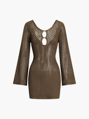 Jacquard Cut Out Bell Sleeve Knit Short Dress