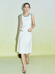 Tweed Sleeveless Contrast Trim Split Midi Dress
