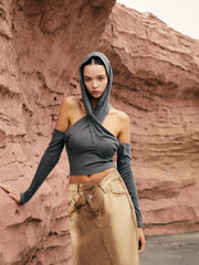 Cross-Over Neck Hooded Top