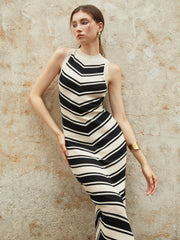 Striped Tassel Hem Sleeveless Midi Sweater Dress