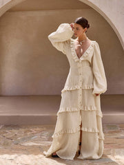 Cotton & Linen V-Neck Ruffle Trim Long Dress