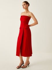 Multi-Button Off Shoulder Split Midi Dress
