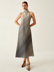 Striped Halter Backless Midi  Dress