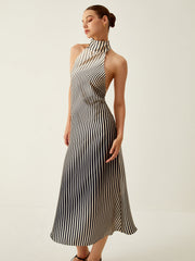 Striped Halter Backless Midi  Dress