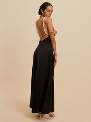 Satin Backless Pearl Strap Dress