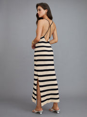 Stripe Halter V Neck Split Midi Dress