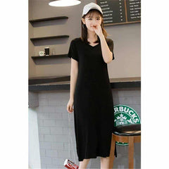 Women's Solid V-Neck Short Sleeved Summer T-Shirt Dress